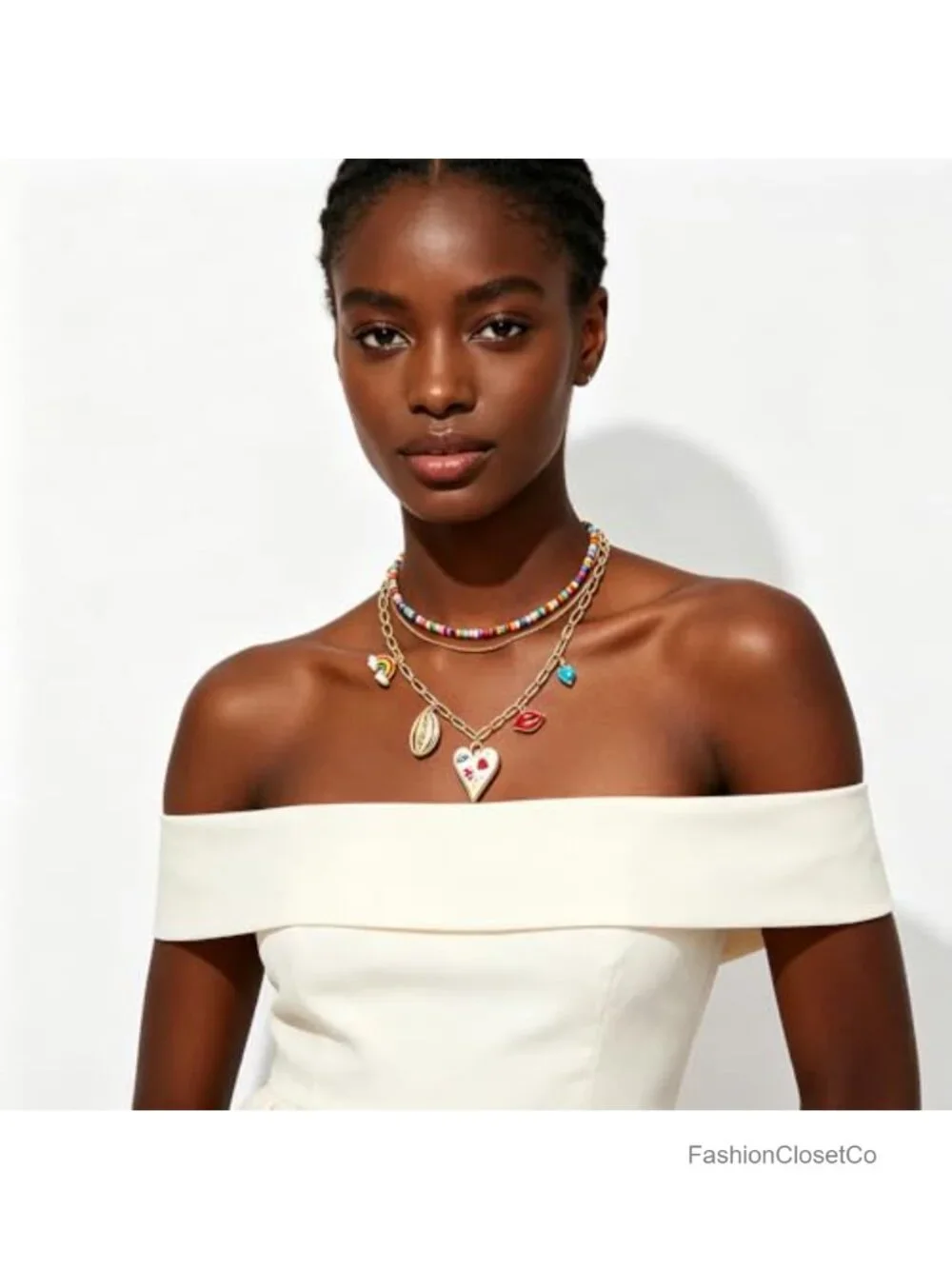 Layered Beaded Choker Necklace Set Evil Eye Heart Pendant Boho Dainty Statement